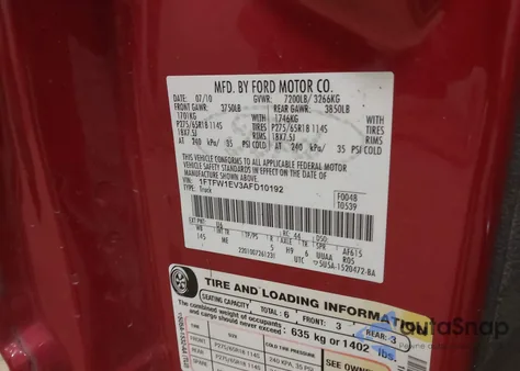 2010 Ford F-150 Fx4/Harley-Davidson/King Ranch/Lariat/Platinum/Xl/Xlt из США, поврежденный, VIN 1FTFW1EV3AFD10192